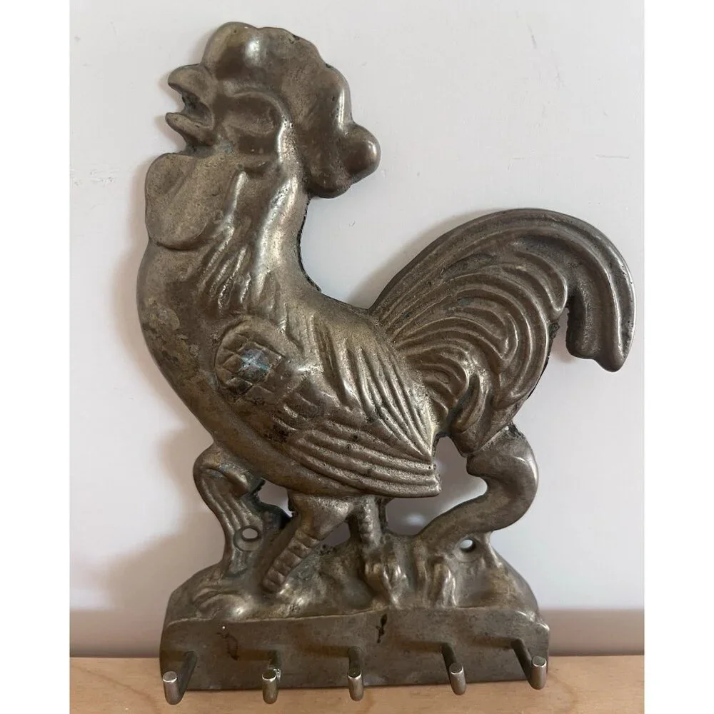 Vintage Brass Rooster Wall Mount Hooks Farmhouse Rustic Kitchen Chicken Décor